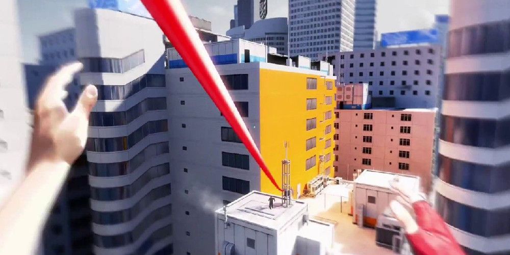 First-person image of Faith running up at a zipline above shocking white buildings.