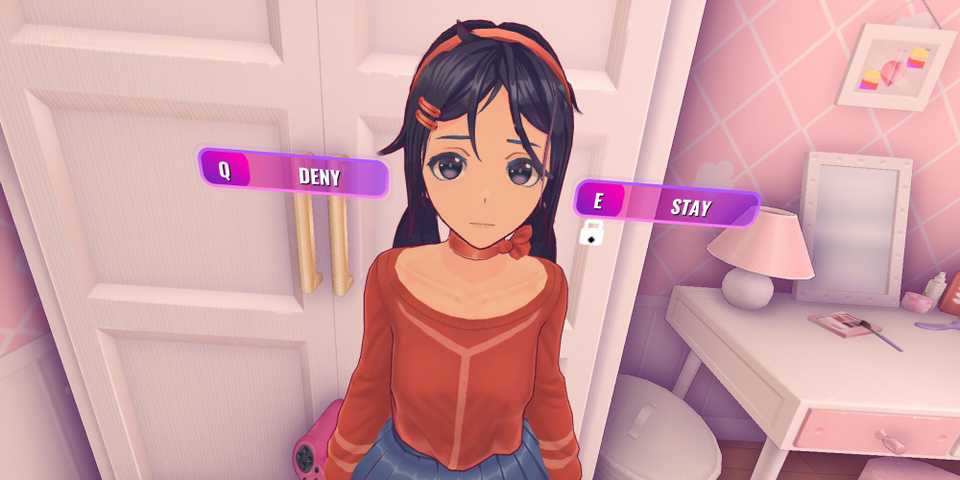 A girl in front of a door with the options Deny or Stay in MiSide