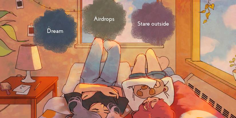 Two women lying on a bed together with three options of things to do like dream or stare outside in Missed Messages