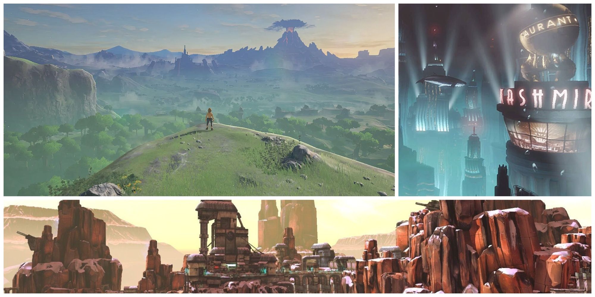 Top-Left: The Land of Hyrule from The Legend of Zelda: Breath of the Wild, top-right: the underwater city of Rapture. Bottom: snowy cliffs of Pandora in Borderlands 2.
