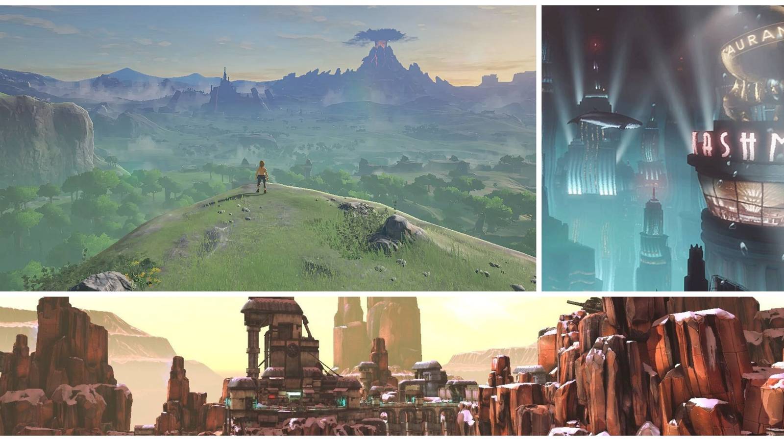 Top-Left: The Land of Hyrule from The Legend of Zelda: Breath of the Wild, top-right: the underwater city of Rapture. Bottom: snowy cliffs of Pandora in Borderlands 2.
