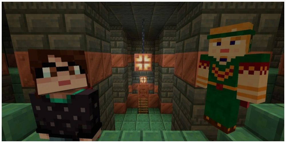 Minecraft characters standing in the new trial chamber