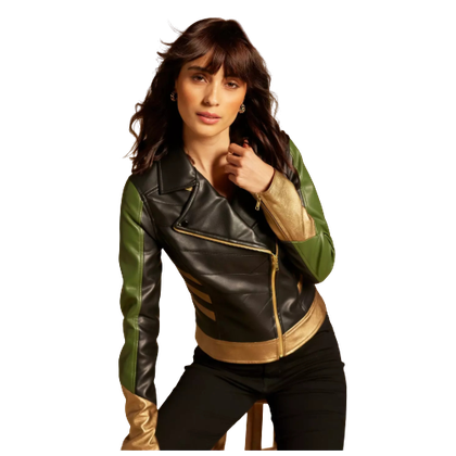 A green, gold, and black Loki inspired moto jacket by Her Universe.