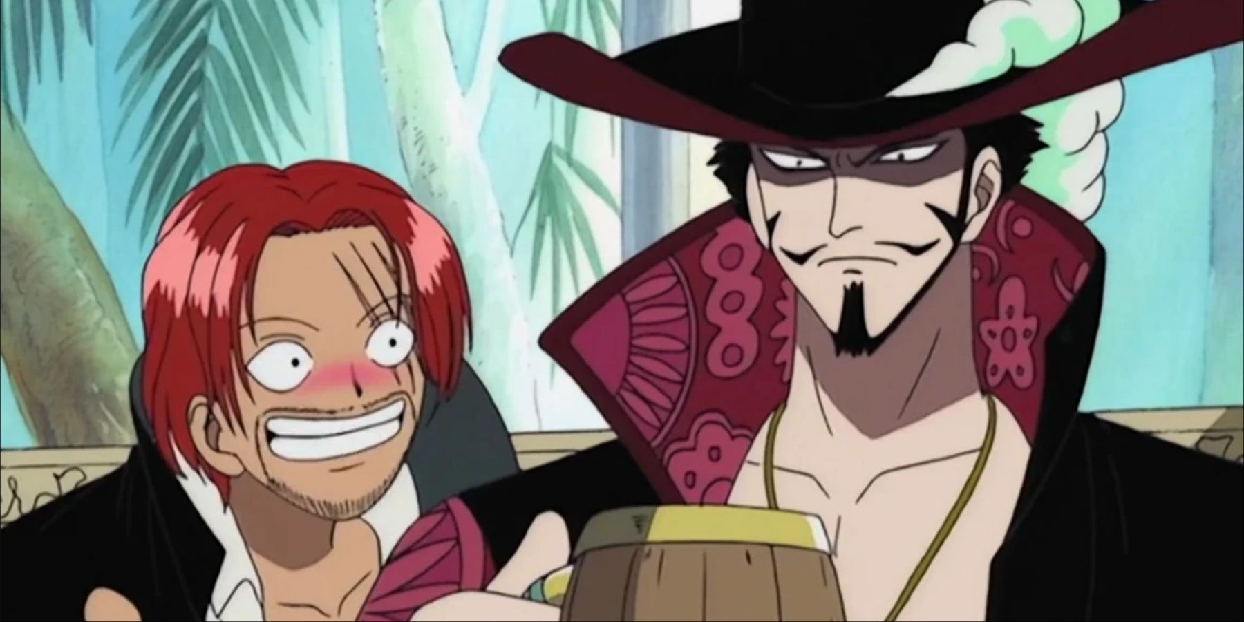 Shanks y Mihawk compartiendo una bebida en One Piece