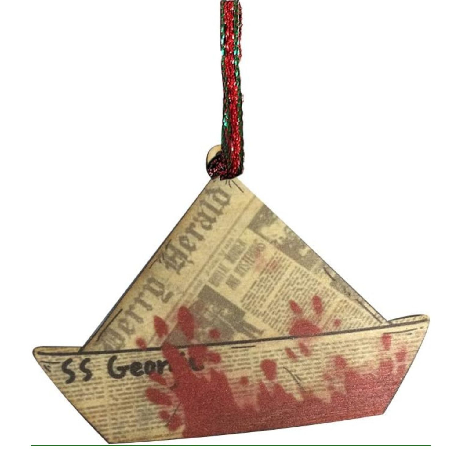 This ornament is a modeled after a paper boat that's splattered with blood.