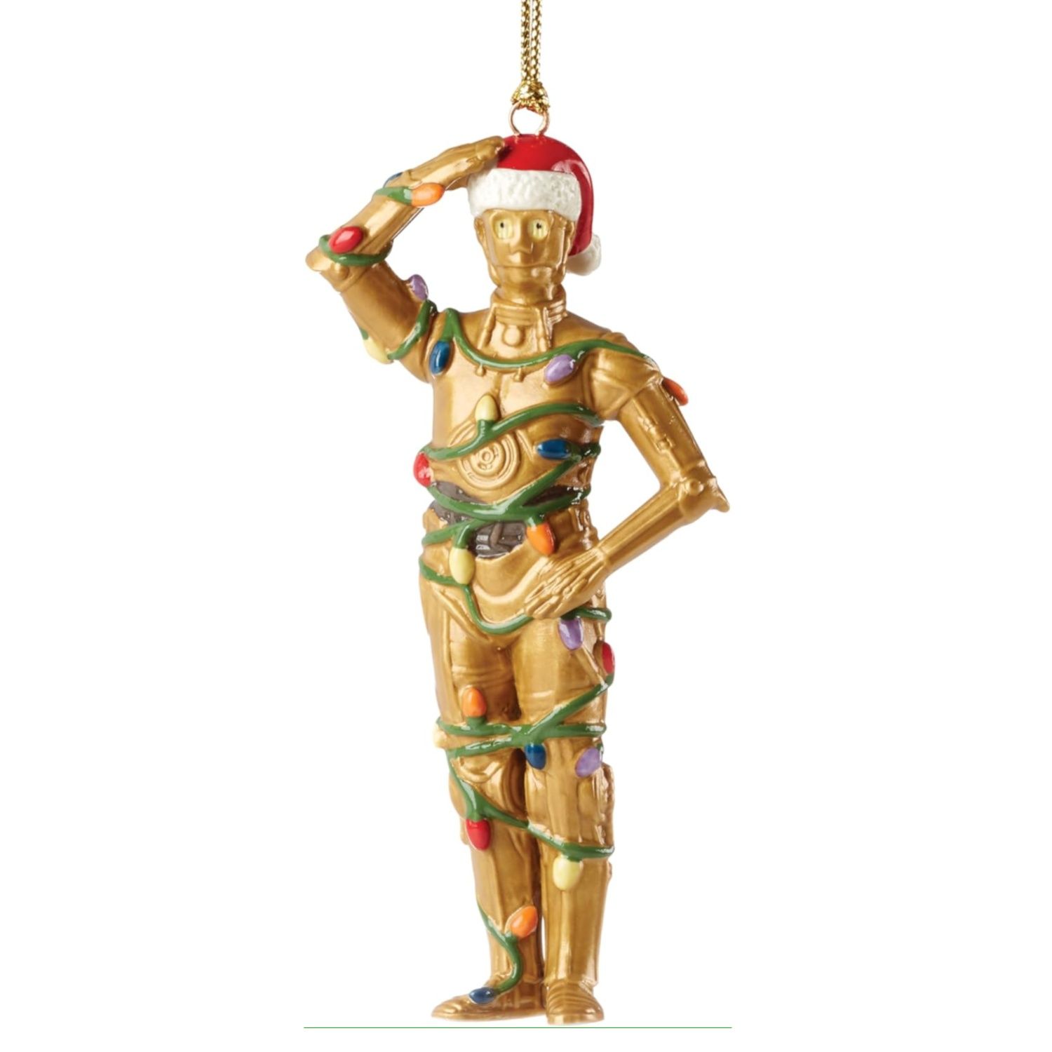 This ornament features C-3PO in a Santa hat and tangled up in Christmas lights