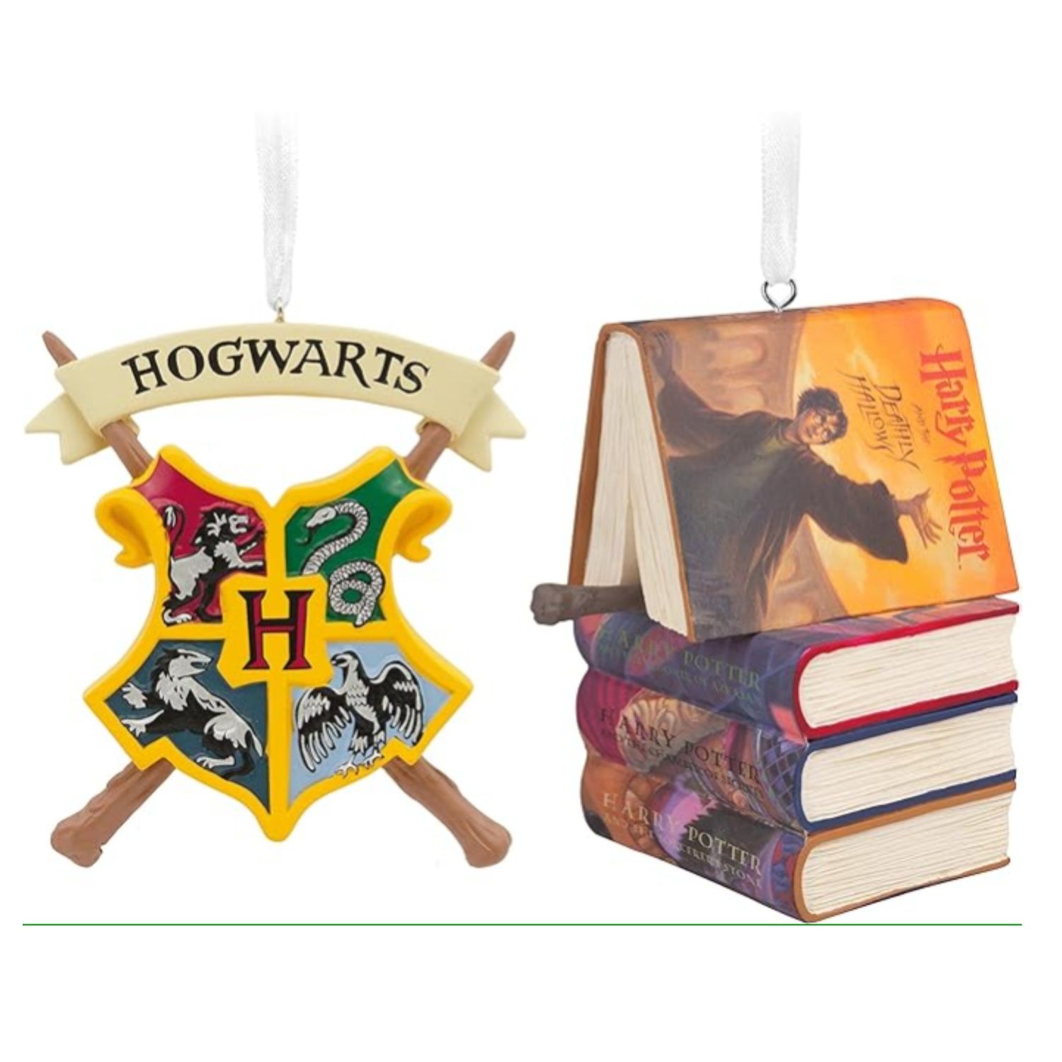 This image shows two Harry Potter ornaments: one is the Hogwarts crest and the second is a stack of the books with a wand between one of them
