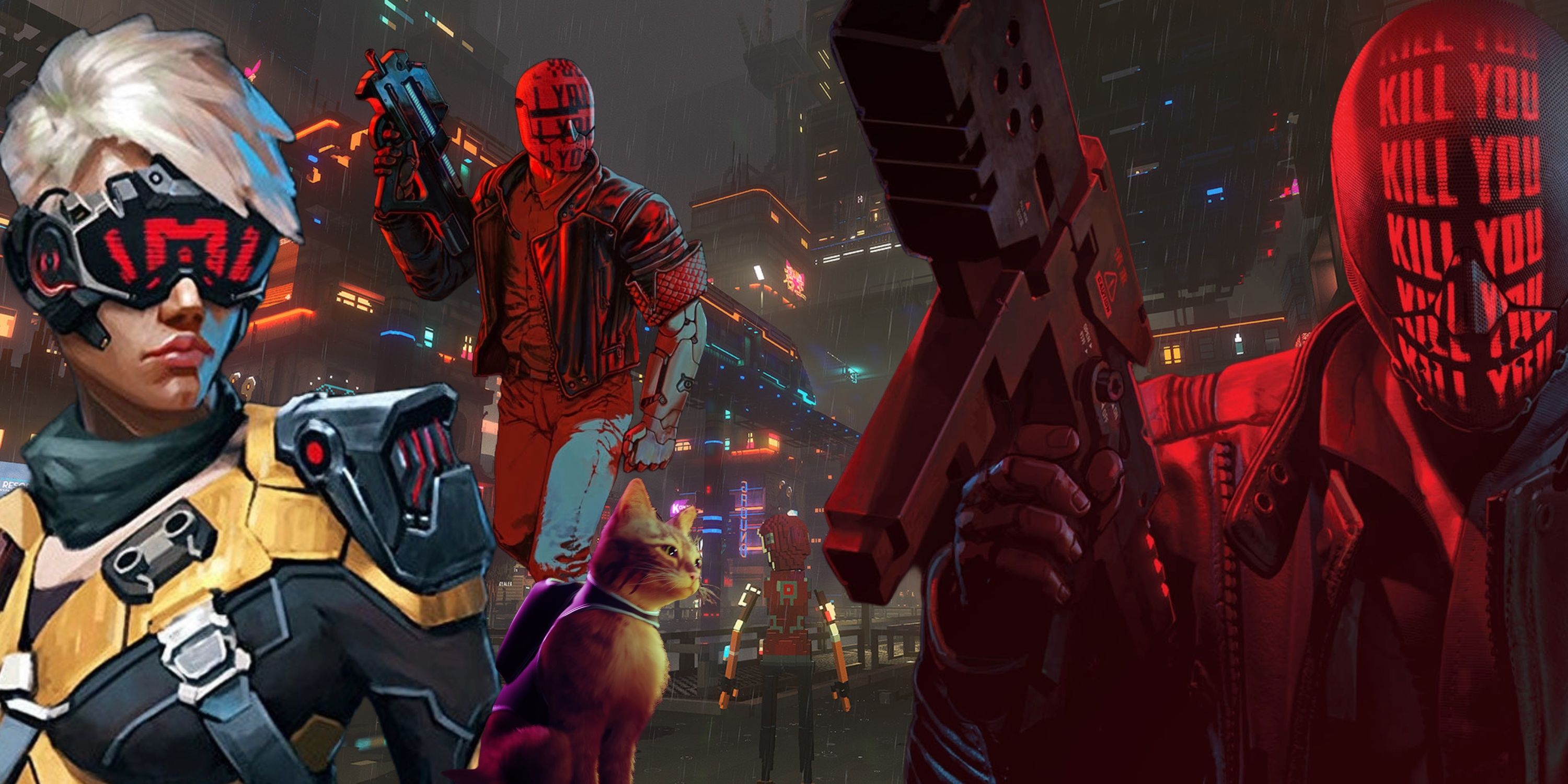 Best Indie Cyberpunk Games (Featured Image) - Cyber Knights + Stray + RUINER + Cloudpunk