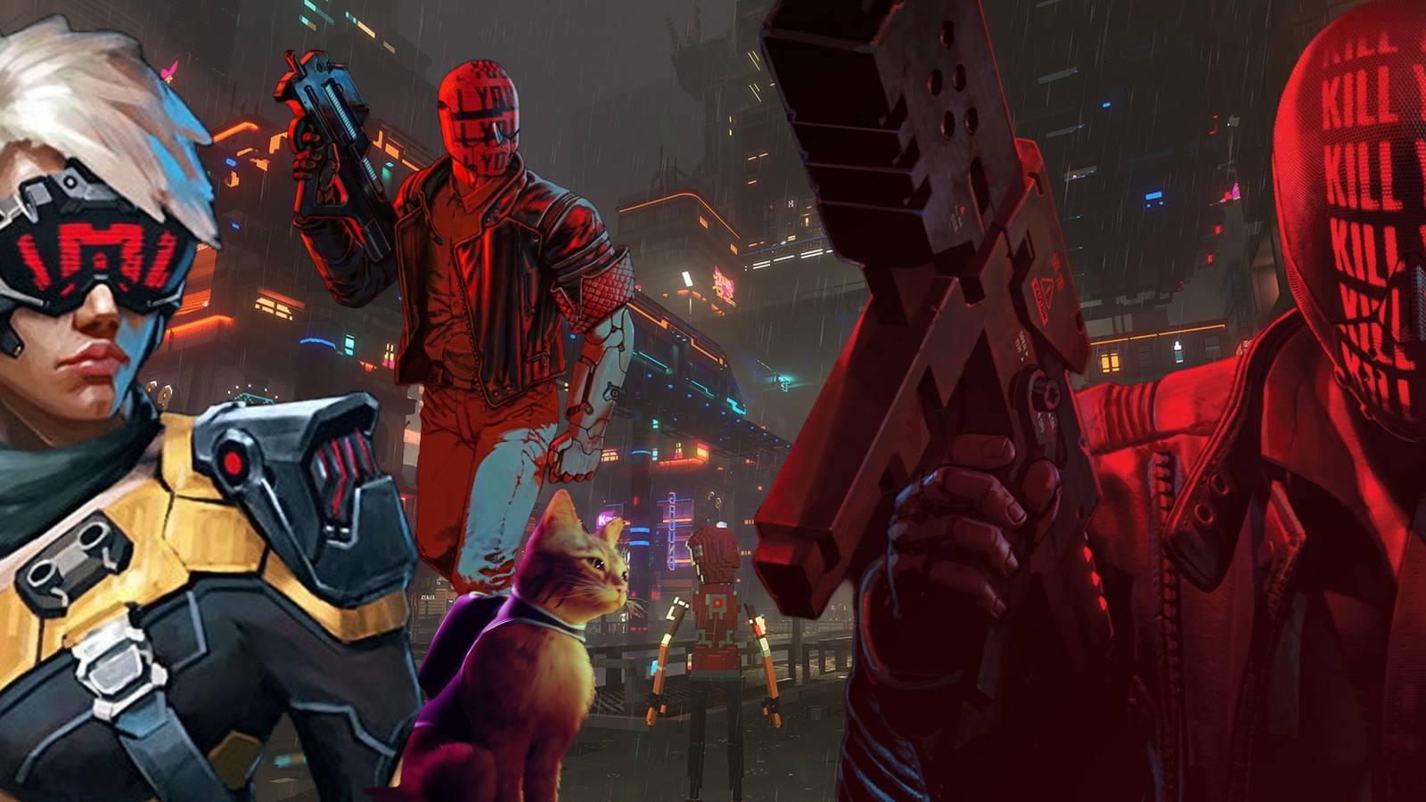 Best Indie Cyberpunk Games (Featured Image) - Cyber Knights + Stray + RUINER + Cloudpunk