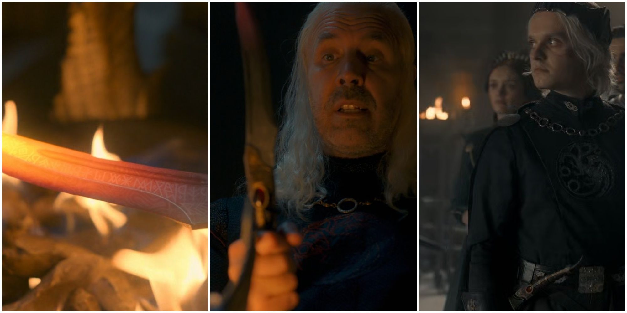 The Valyrian steel dagger in a brazier, with Viserys and Aegon II in House of the Dragon.
