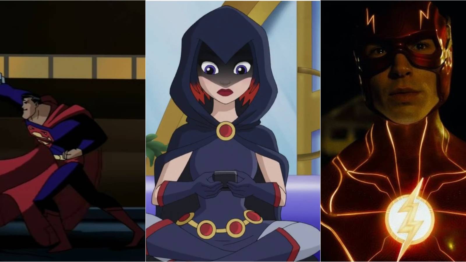 A feature image of Superman, Raven, and The Flash