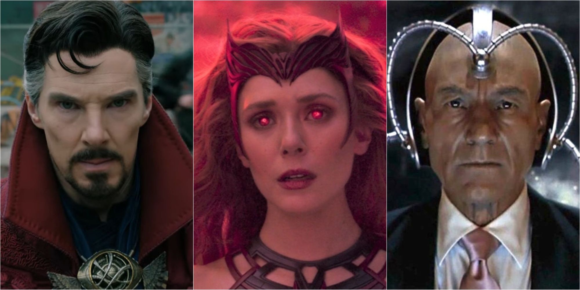 A feature image of Doctor Strange, Scarlet Witch, and Professor Xavier