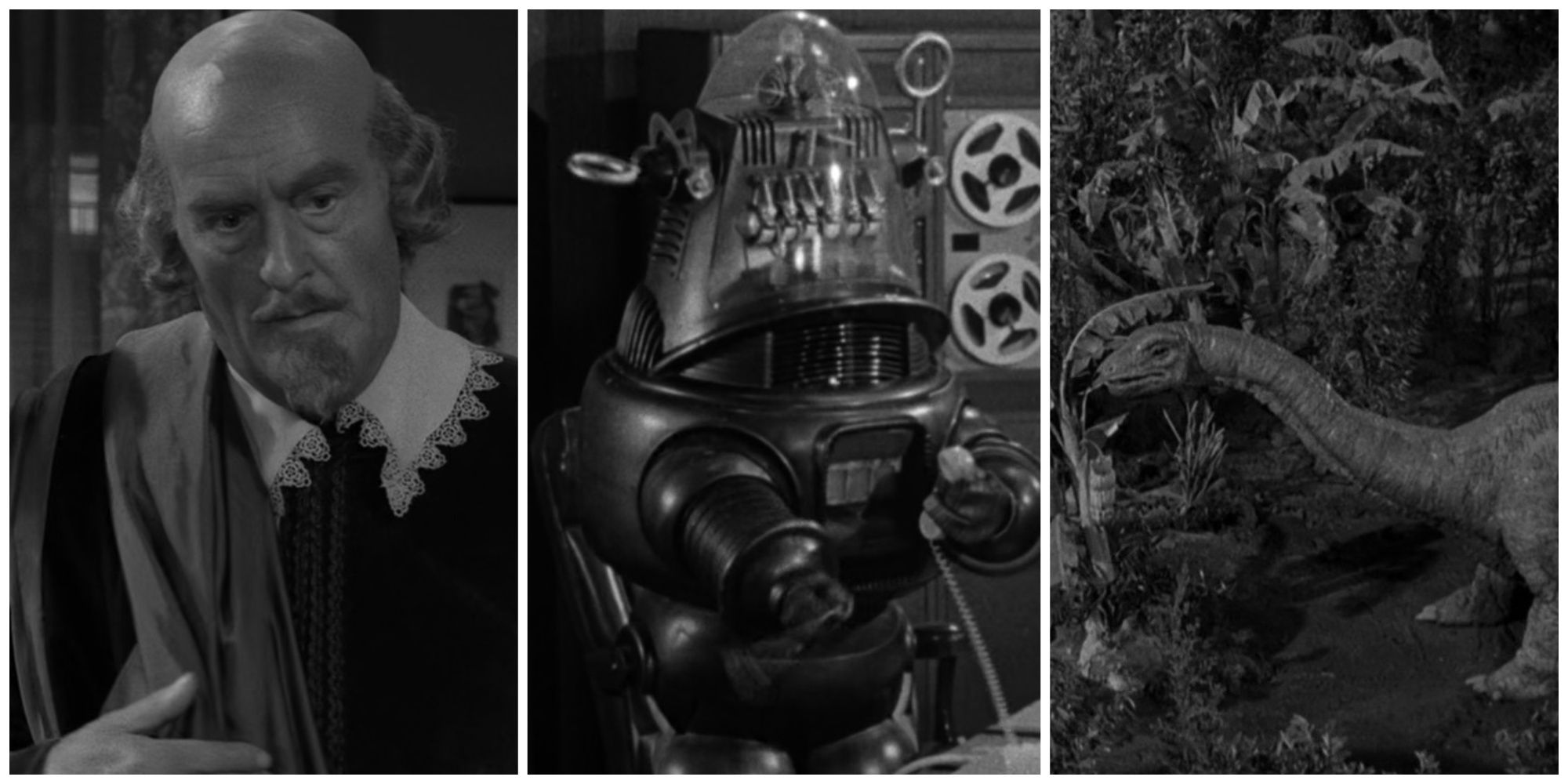 Split image showing Shakespeare, a robot, and a dinosaur in The Twilight Zone.