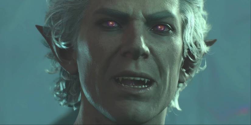 Astarion with fangs bared and glowing eyes