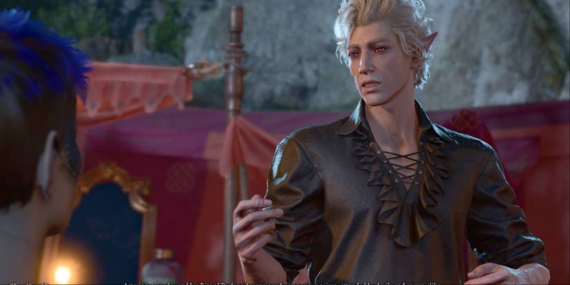 Astarion at camp talking to the player