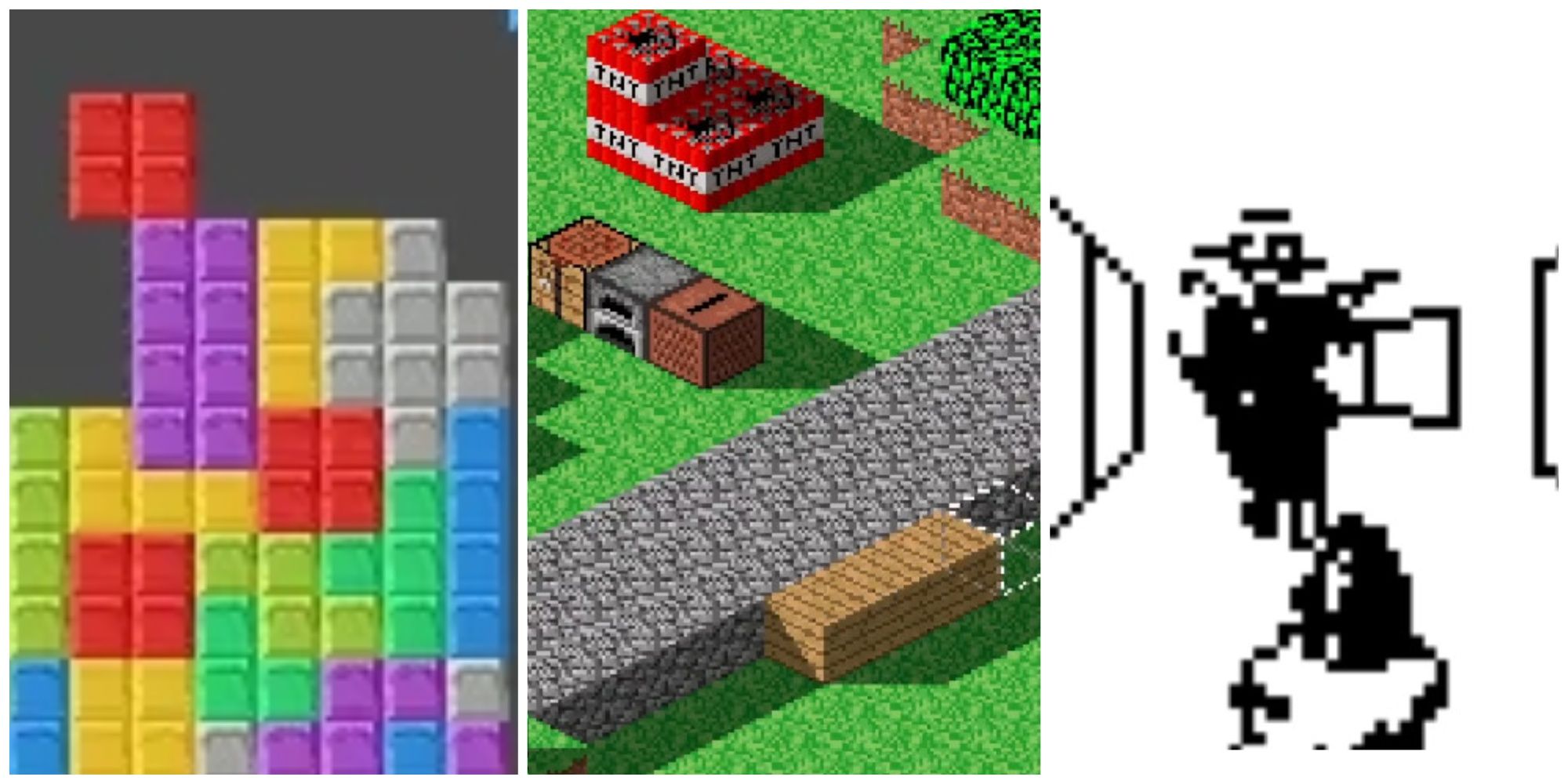 Left: Tetris blocks. Middle: An isometric view of Minecraft Blocks. Right: A black-and-white image of Doom for the calculator.