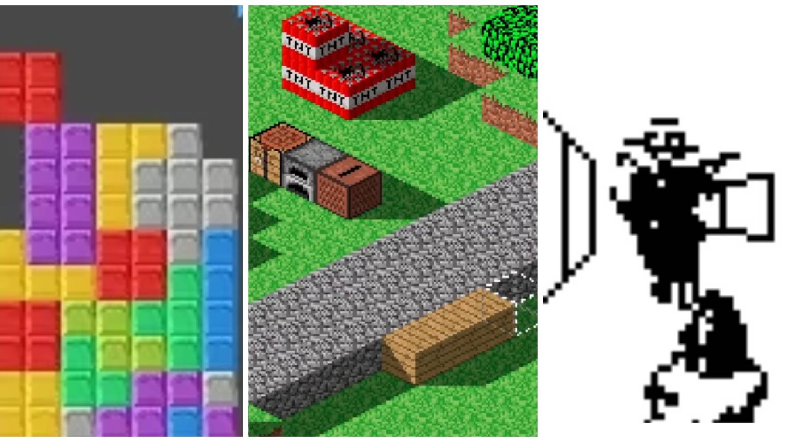 Left: Tetris blocks. Middle: An isometric view of Minecraft Blocks. Right: A black-and-white image of Doom for the calculator.