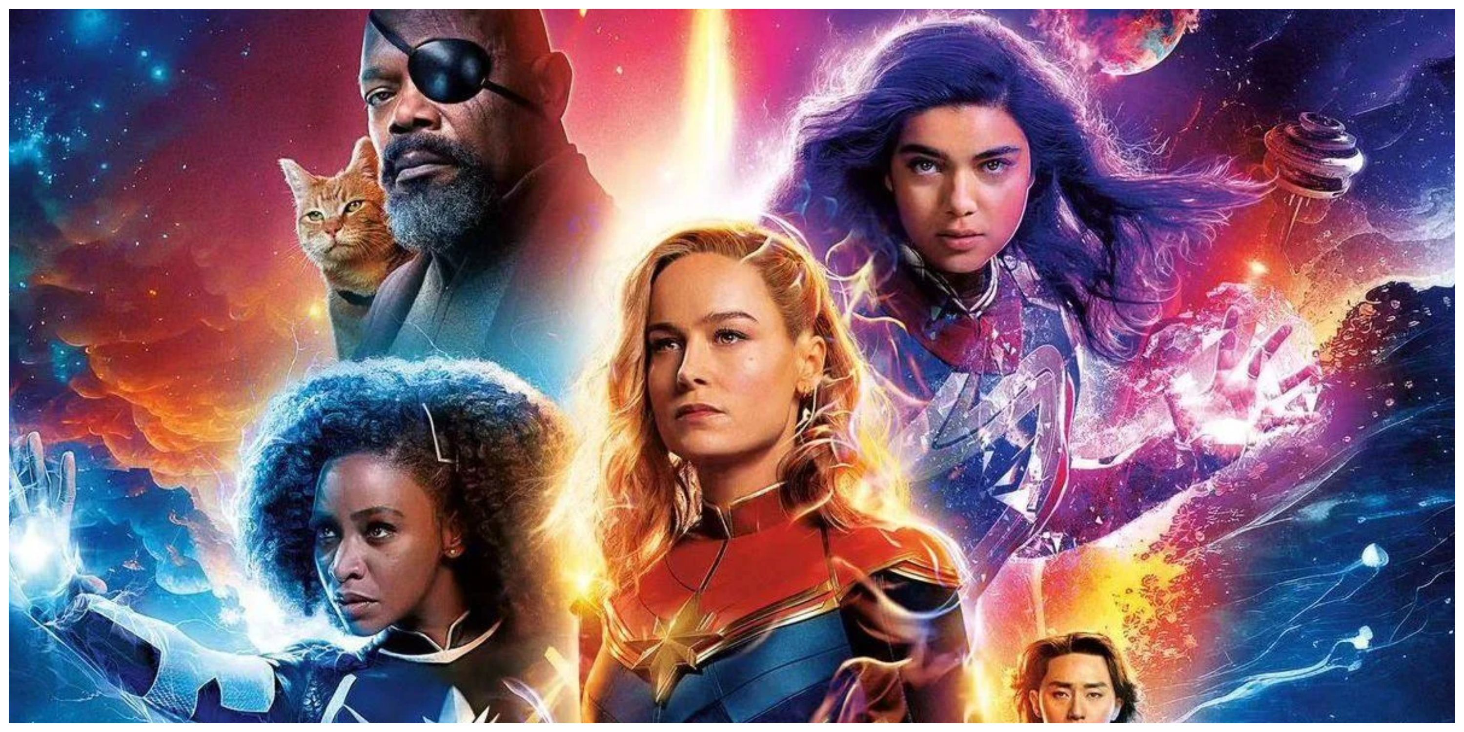 the marvels poster featuring monica rambaeu, captain marvel, goose, nick fury and ms. marvel