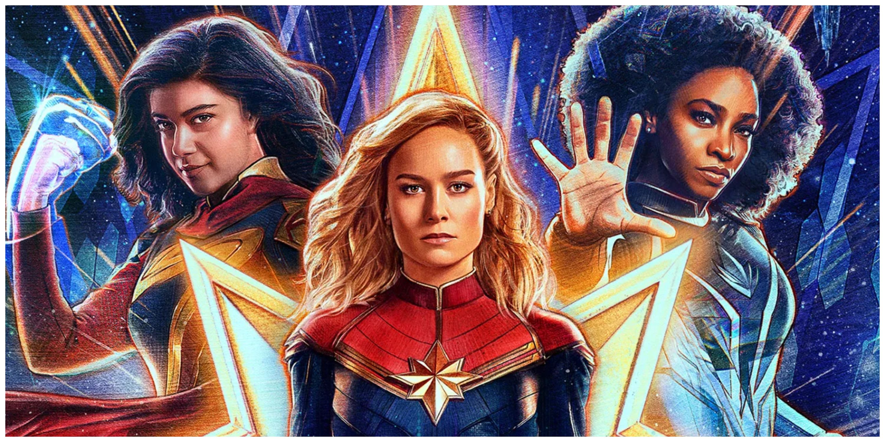the marvels poster featuring captain marvel, ms. marvel and monica rambaeu