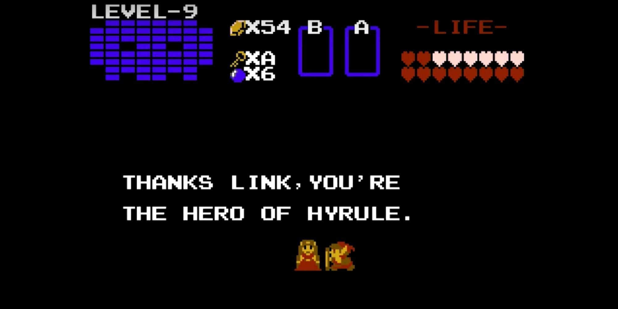 Link salvando a Princesa Zelda no final de The Legend of Zelda