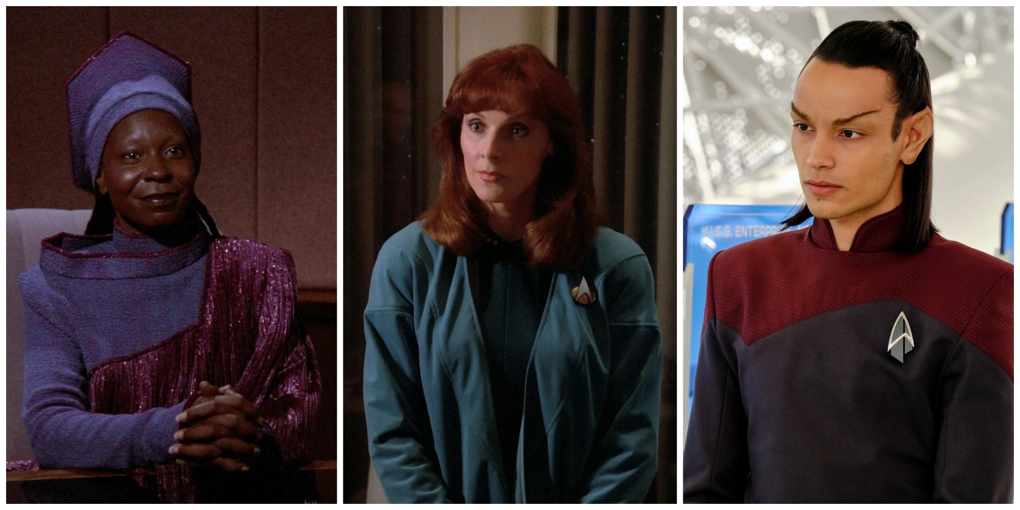 Split image showing Picard's friends: Guinan, Doctor Crusher, and Elnor.