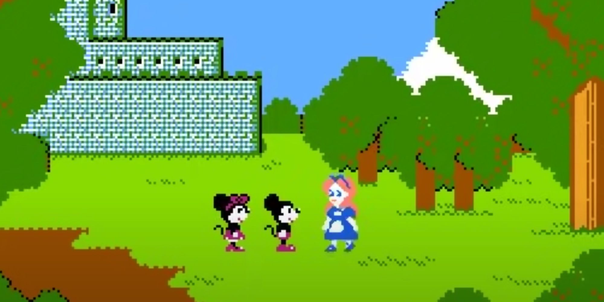 Mickey e Minnie Mouse salvando Alice em Mickey Mousecapade