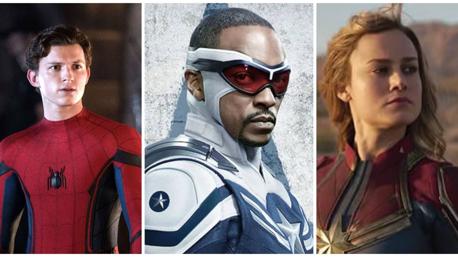 tom holland spider-man, anthony mackie captain america, brie larson captain marvel