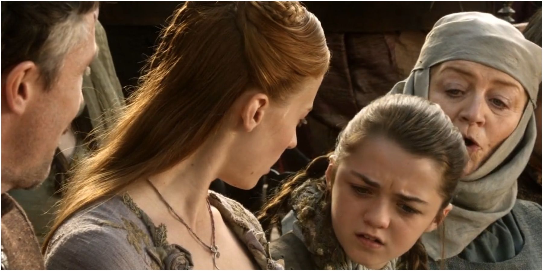 Littlefinger Sansa Stark Arya Stark and Septa Mordane in Game of Thrones.