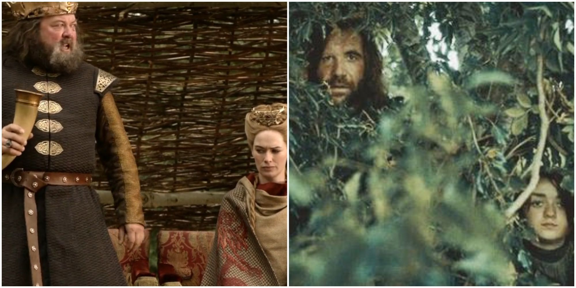 Split image of Robert Baratheon and Cersei Lannister and the Hound and Arya Stark in Game of Thrones. 