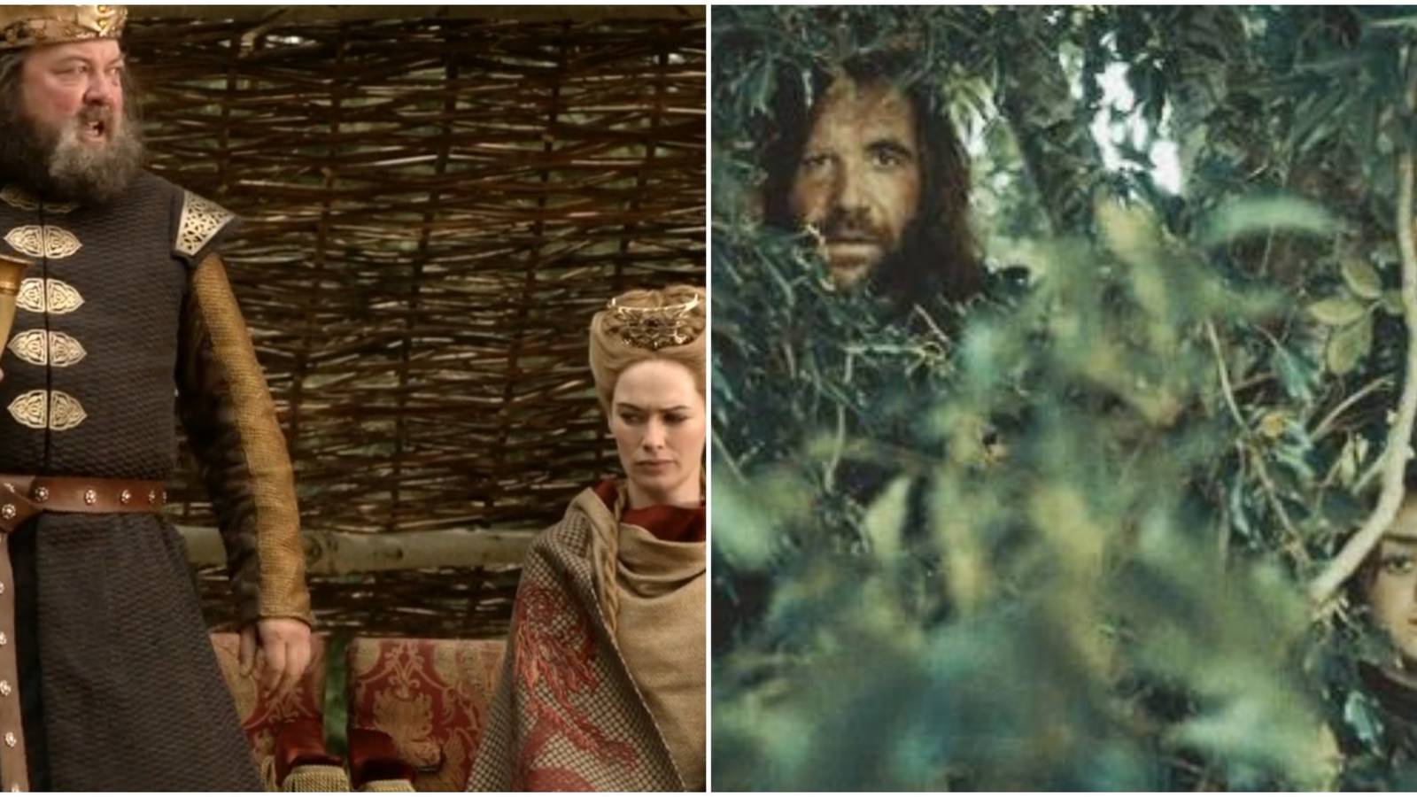 Split image of Robert Baratheon and Cersei Lannister and the Hound and Arya Stark in Game of Thrones. 