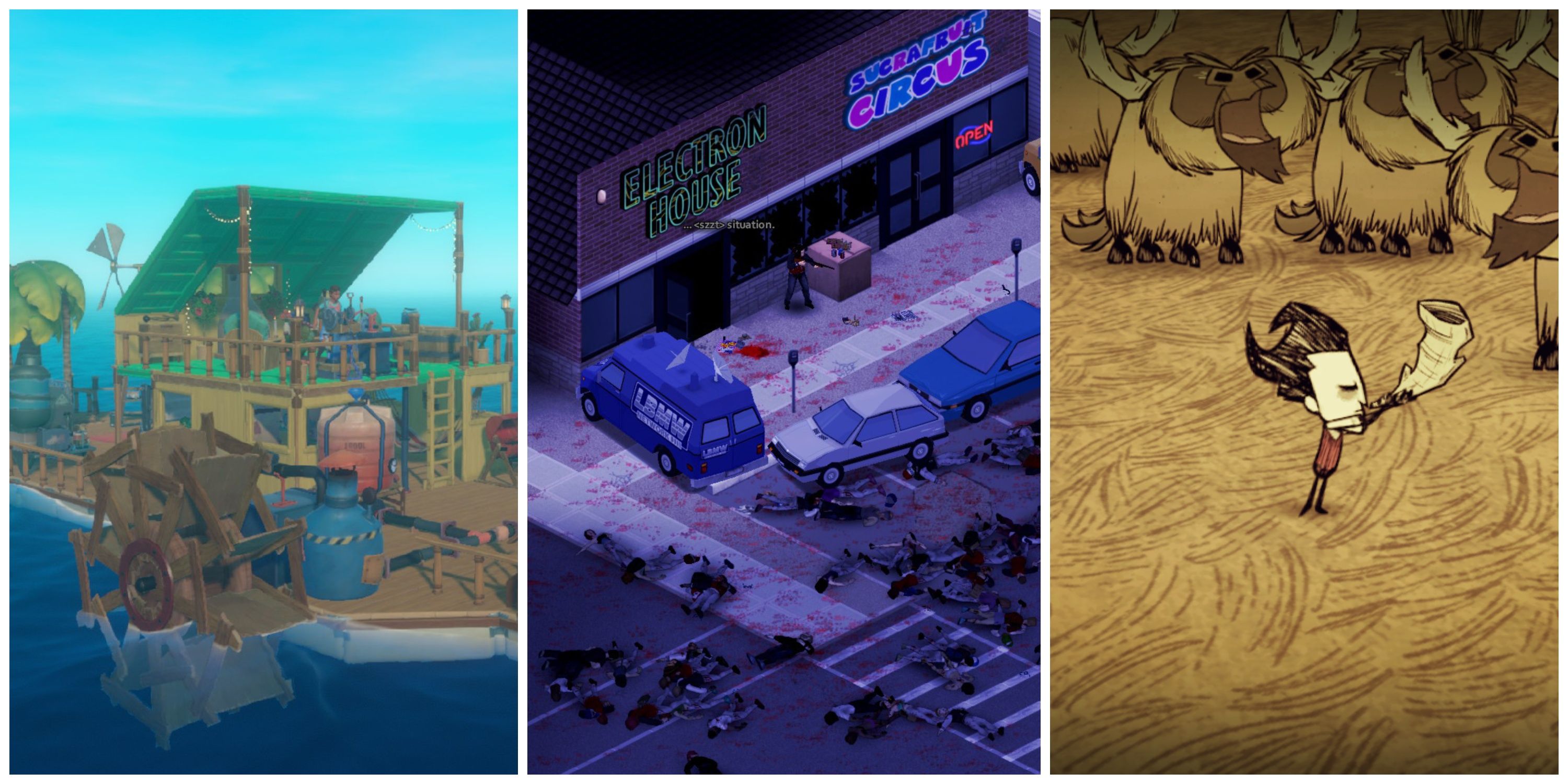 Best Indie Survival Games, Ranked (Featured Image) - Raft + Project Zomboid + Don't Starve