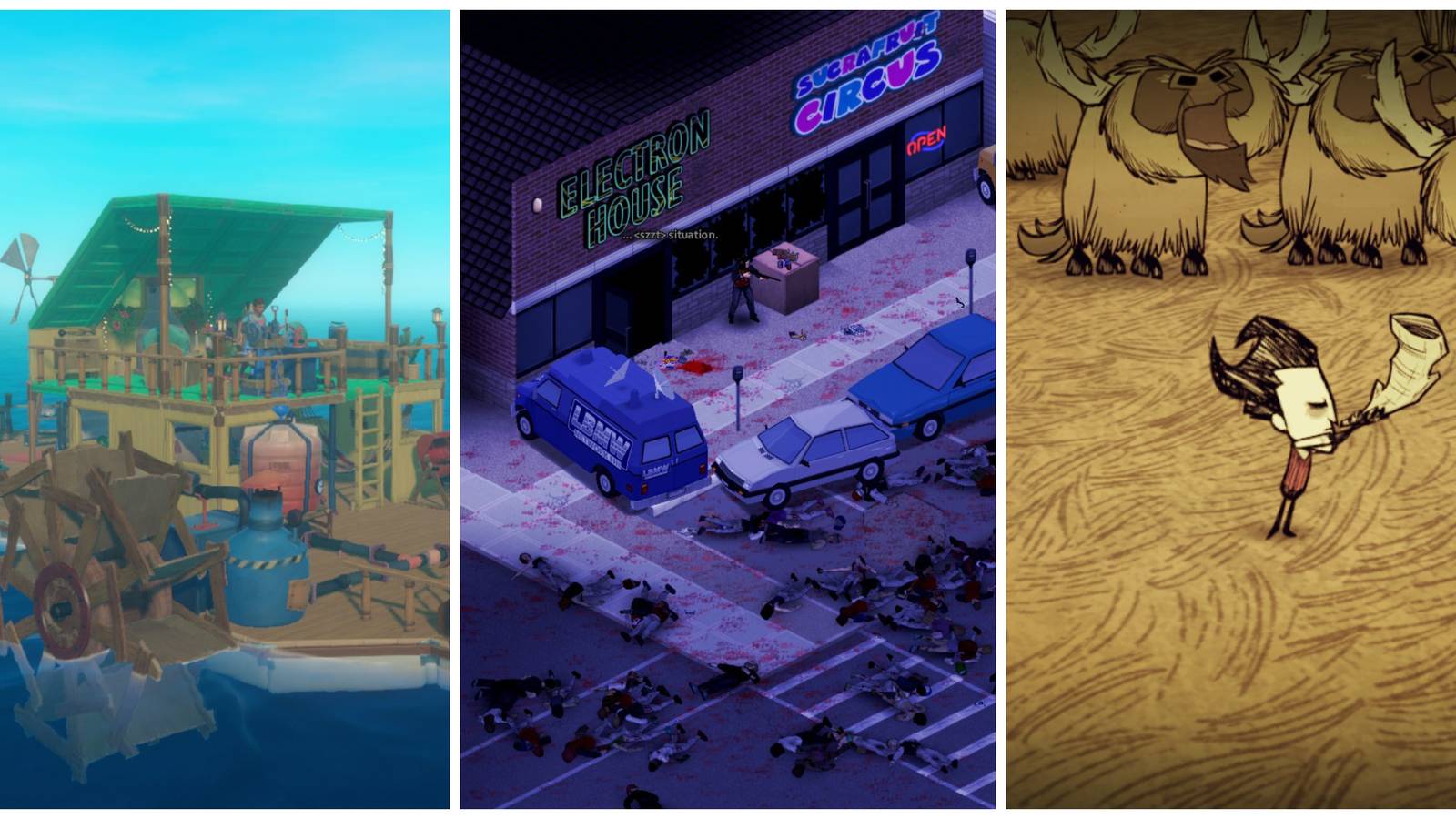 Best Indie Survival Games, Ranked (Featured Image) - Raft + Project Zomboid + Don't Starve