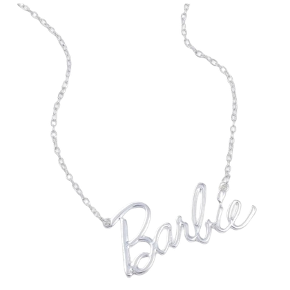 Barbie logo necklace in cursive. 