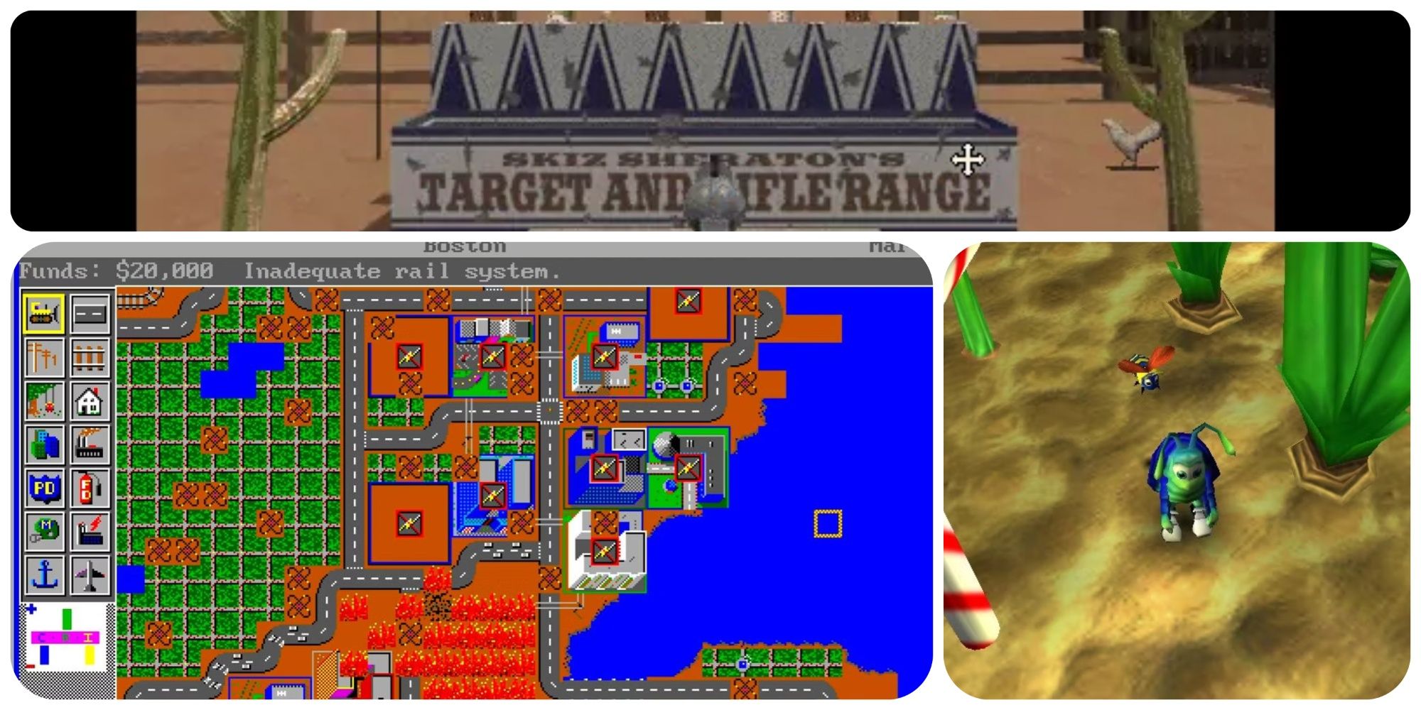 Top: Target range from Dust. Bottom-left: An overhead of a cityscape in SimCity. Right: Rollie McFly and a bee in Bugdom.