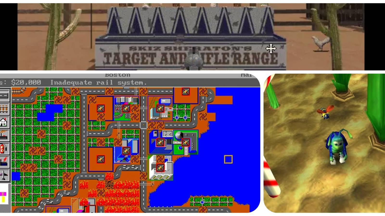 Top: Target range from Dust. Bottom-left: An overhead of a cityscape in SimCity. Right: Rollie McFly and a bee in Bugdom.