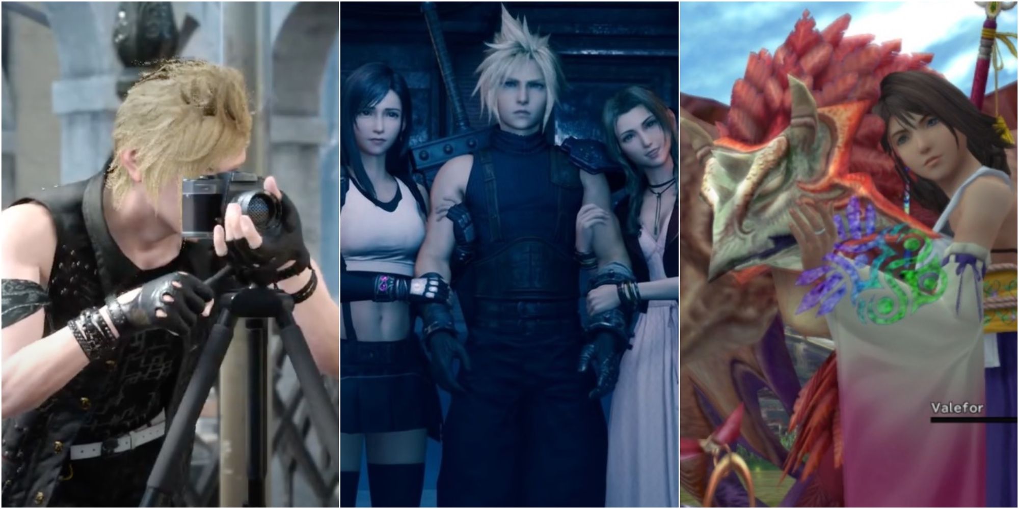 Prompto, Cloud, and Yuna with an Aeon