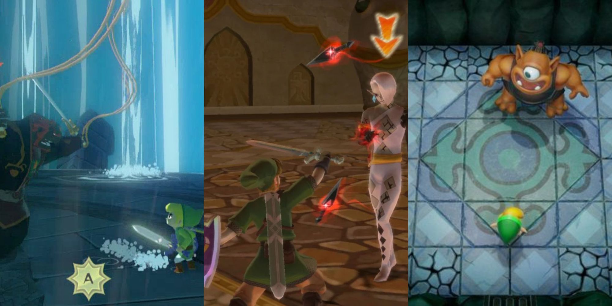 a collage of 3 different zelda games with boss battles