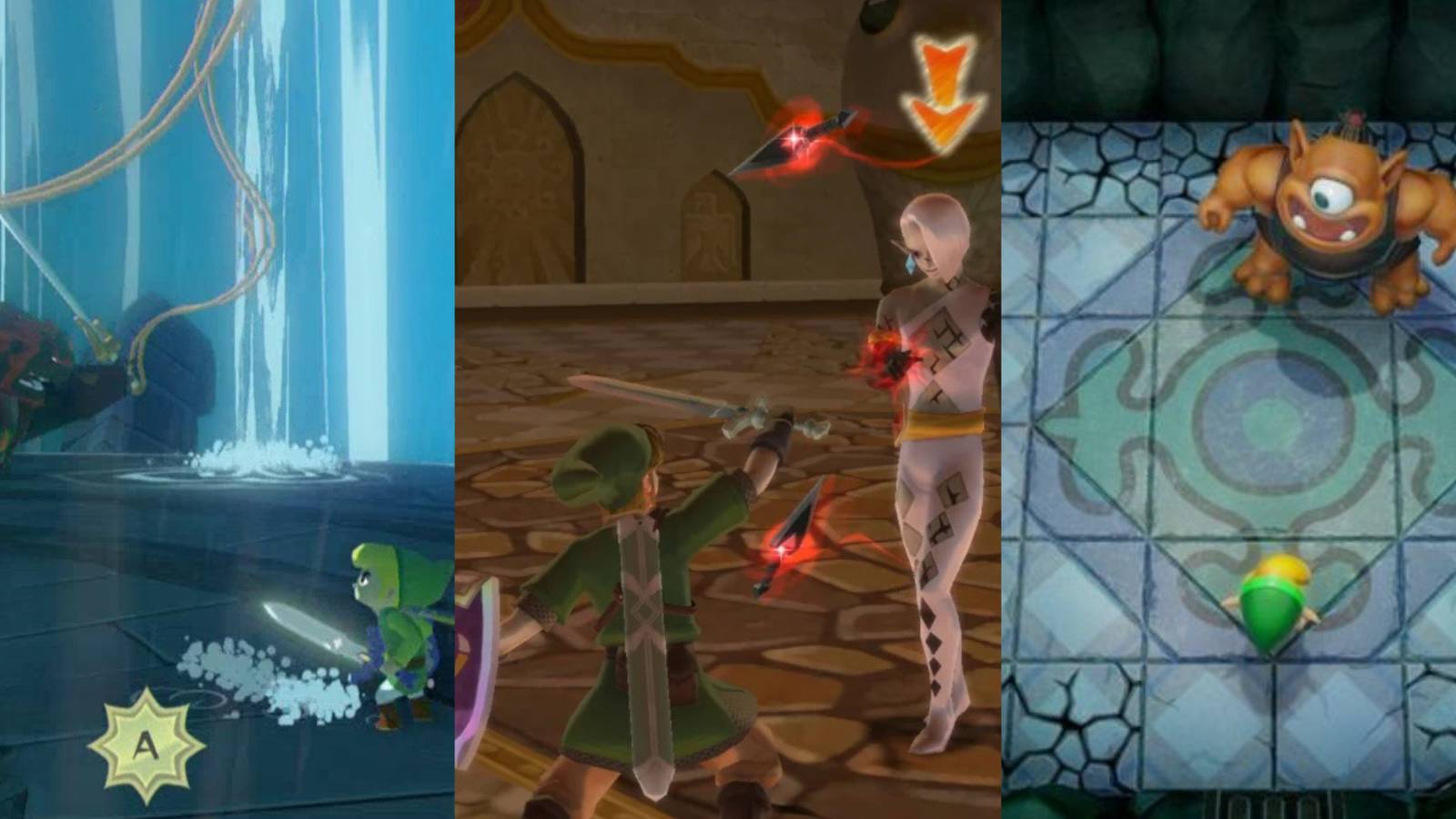 a collage of 3 different zelda games with boss battles