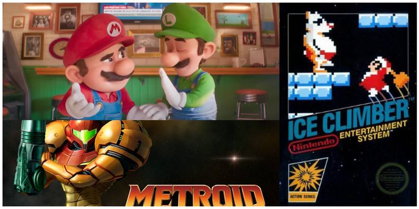 Ice climber and Metroid artwork, and screenshot from the movie