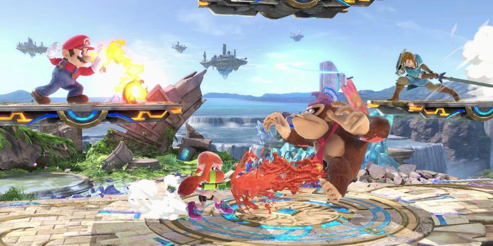 Multiplayer Mode between Mario, Inkling, Donkey Kong and Link, in Super Smash Bros Ultimate