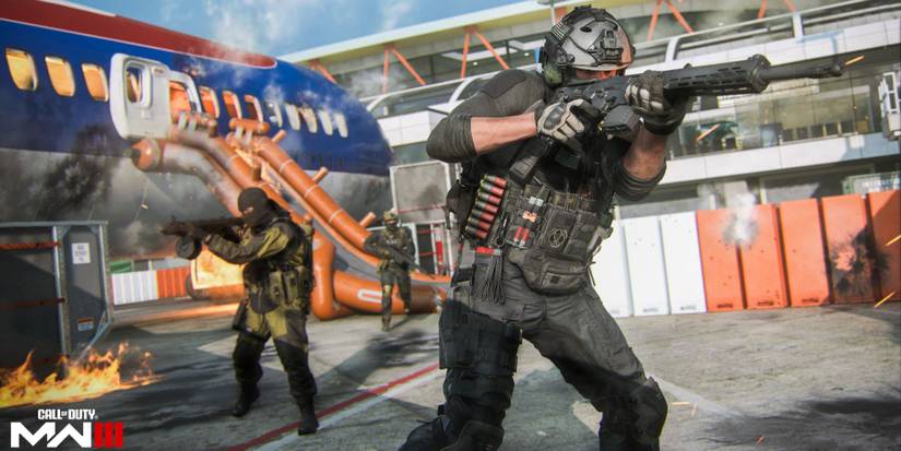 three mw3 characters engaged in a gun fight. 