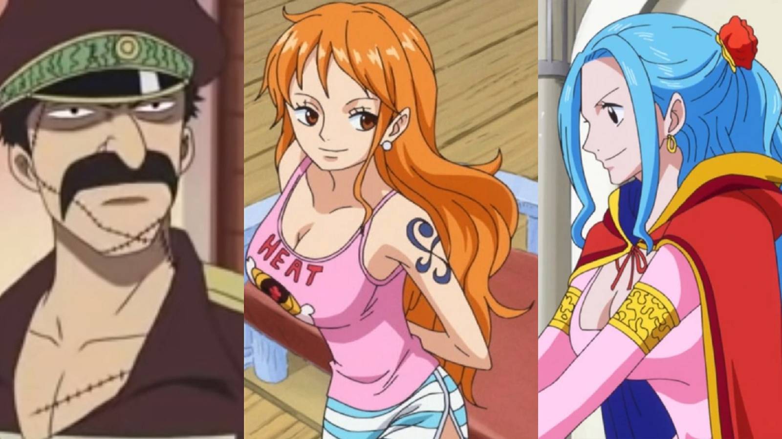 Split image of Genzo in Cocoyashi Village, Nami after the Punk Hazard arc, and Vivi during the Levely in the One Piece anime