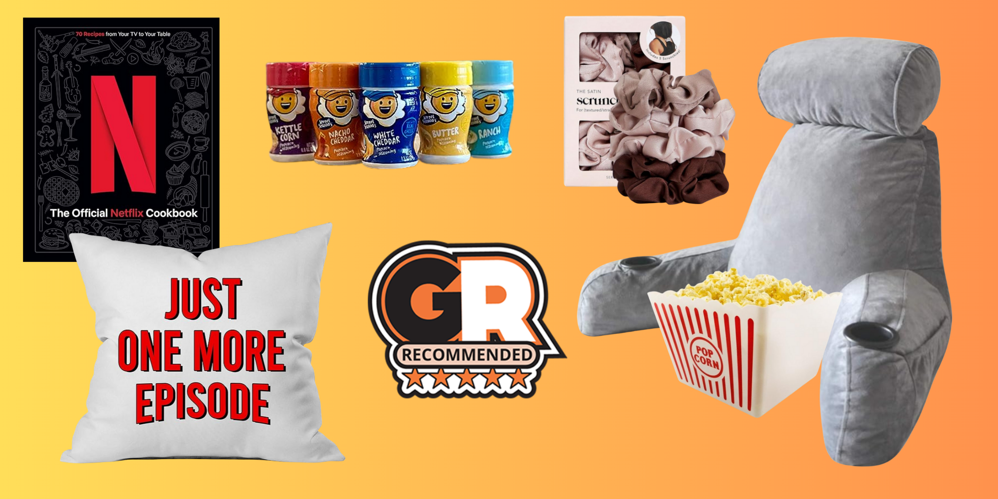 This image features a variety of products that aid in binge-watching Netflix shows and movies