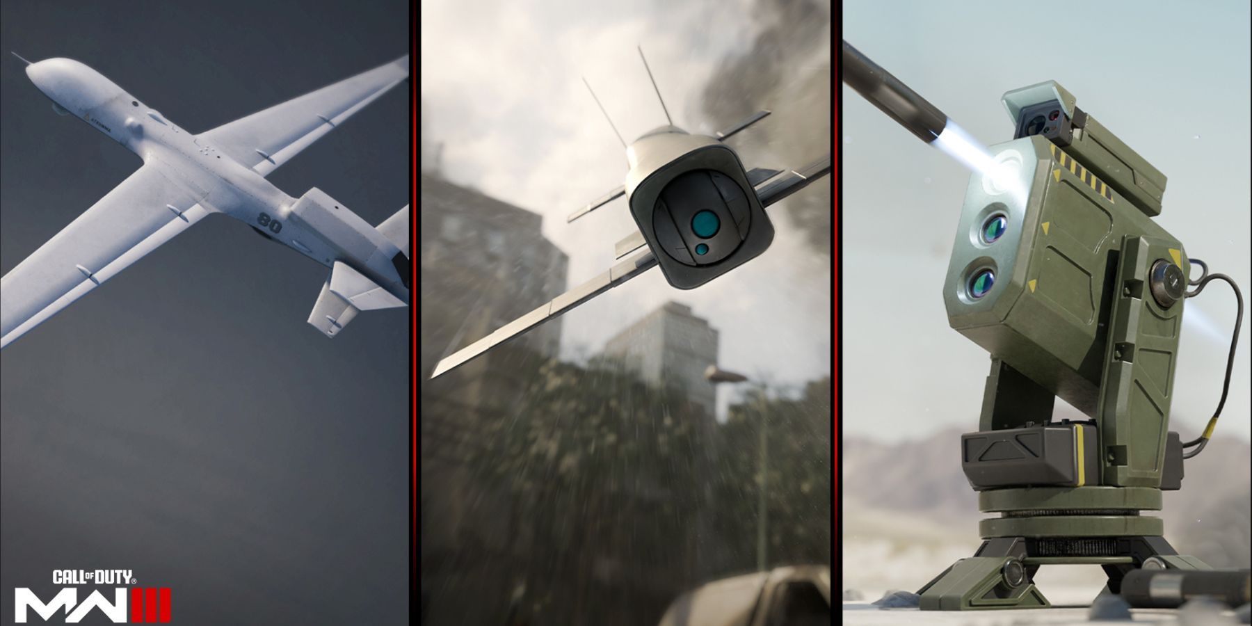 uav, sam turret, and mosquito drone in modern warfare 3.