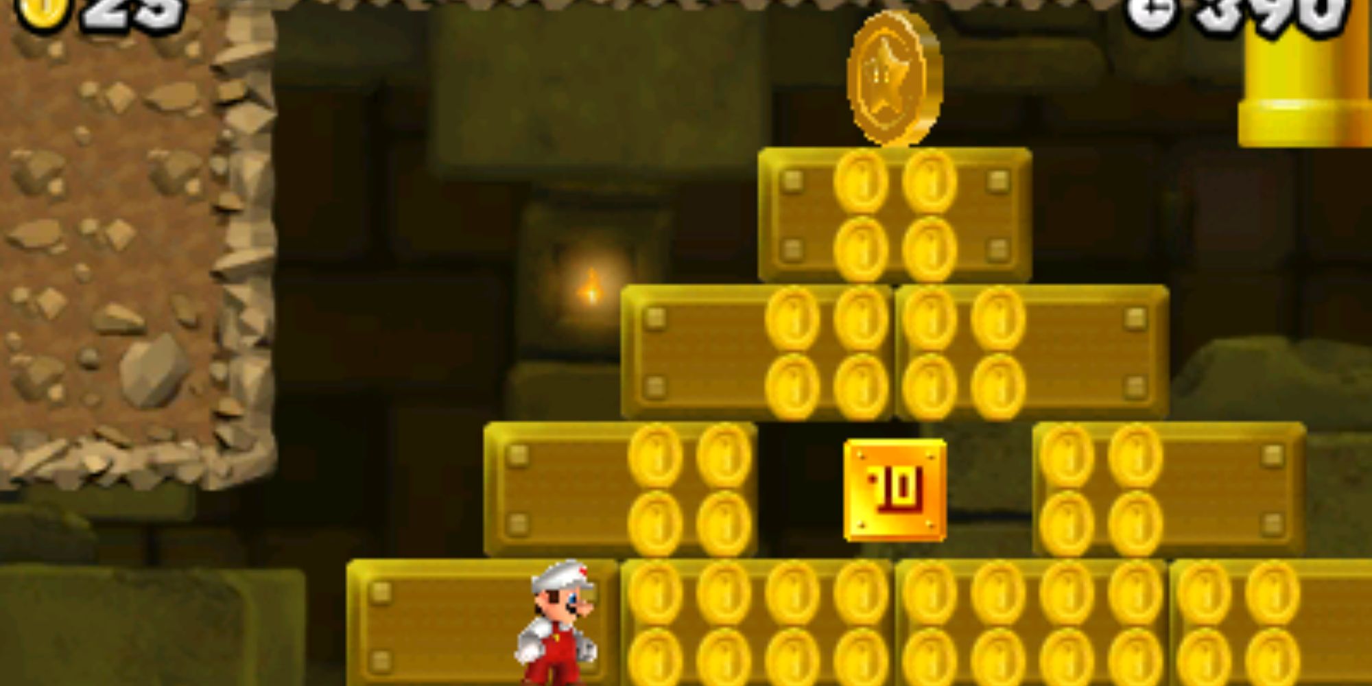 Fire Mario near a pyramid of coins