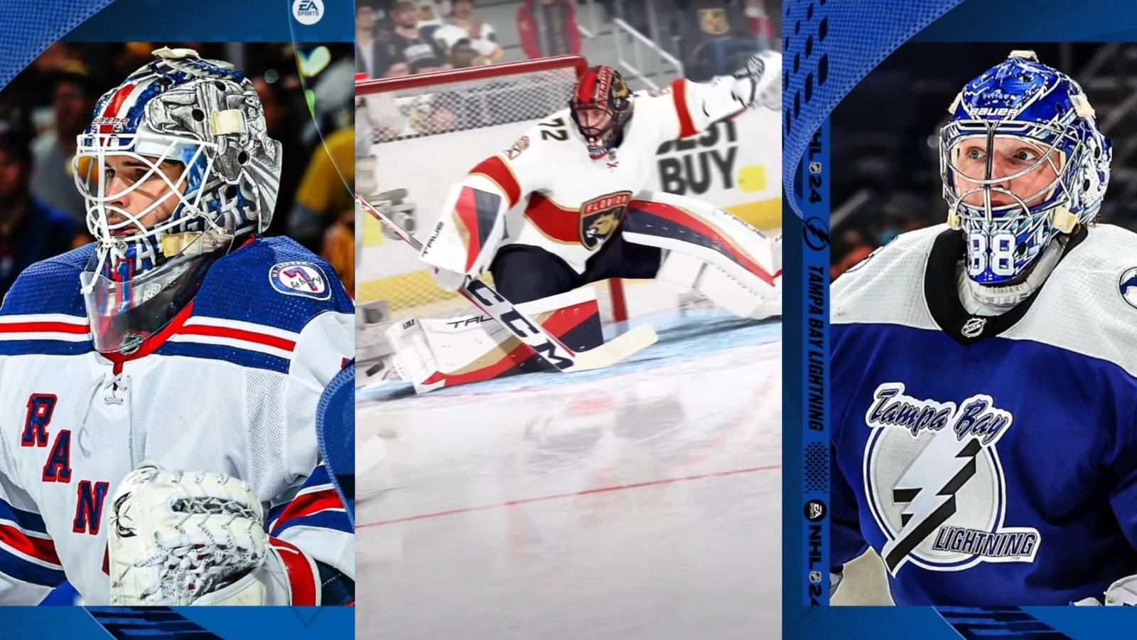 A trisplit with two hockey goalies either side of a goalie making a save in NHL 24