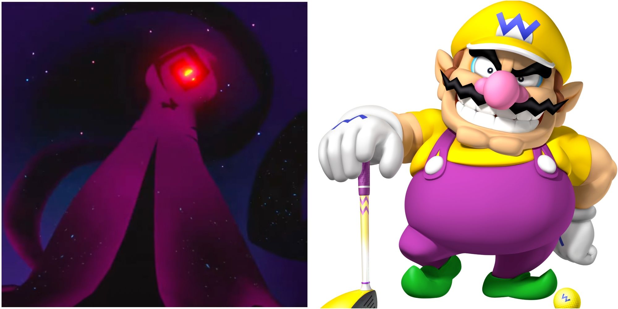 Cursa, a hooded purple figure from Mario + Rabbids Sparks of Hope and Wario holding a purple and yellow golf club