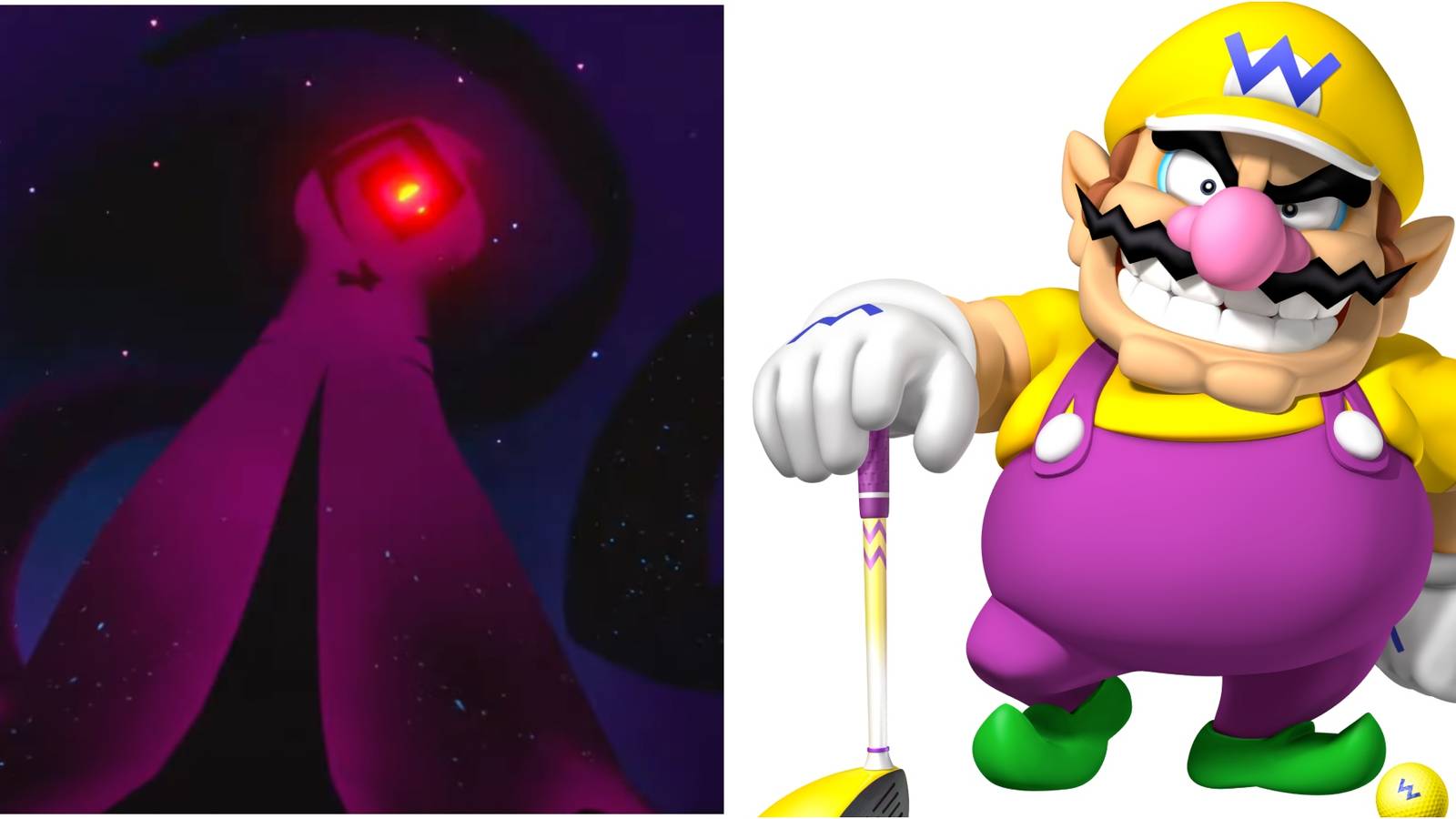 Cursa, a hooded purple figure from Mario + Rabbids Sparks of Hope and Wario holding a purple and yellow golf club