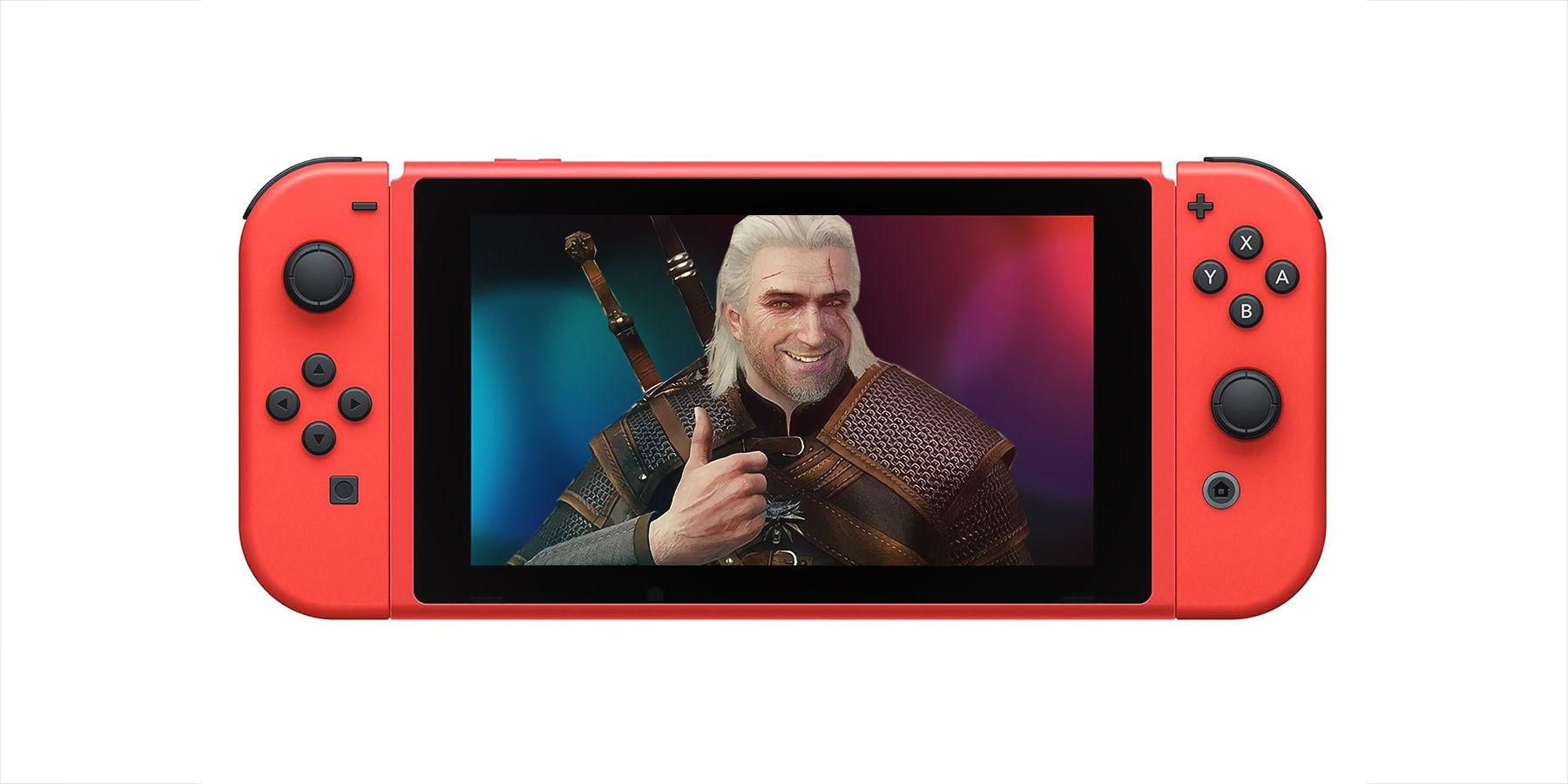 Nintendo Switch Mario Red and Blue edition displaying Geralt of Rivia giving a thumbs-up