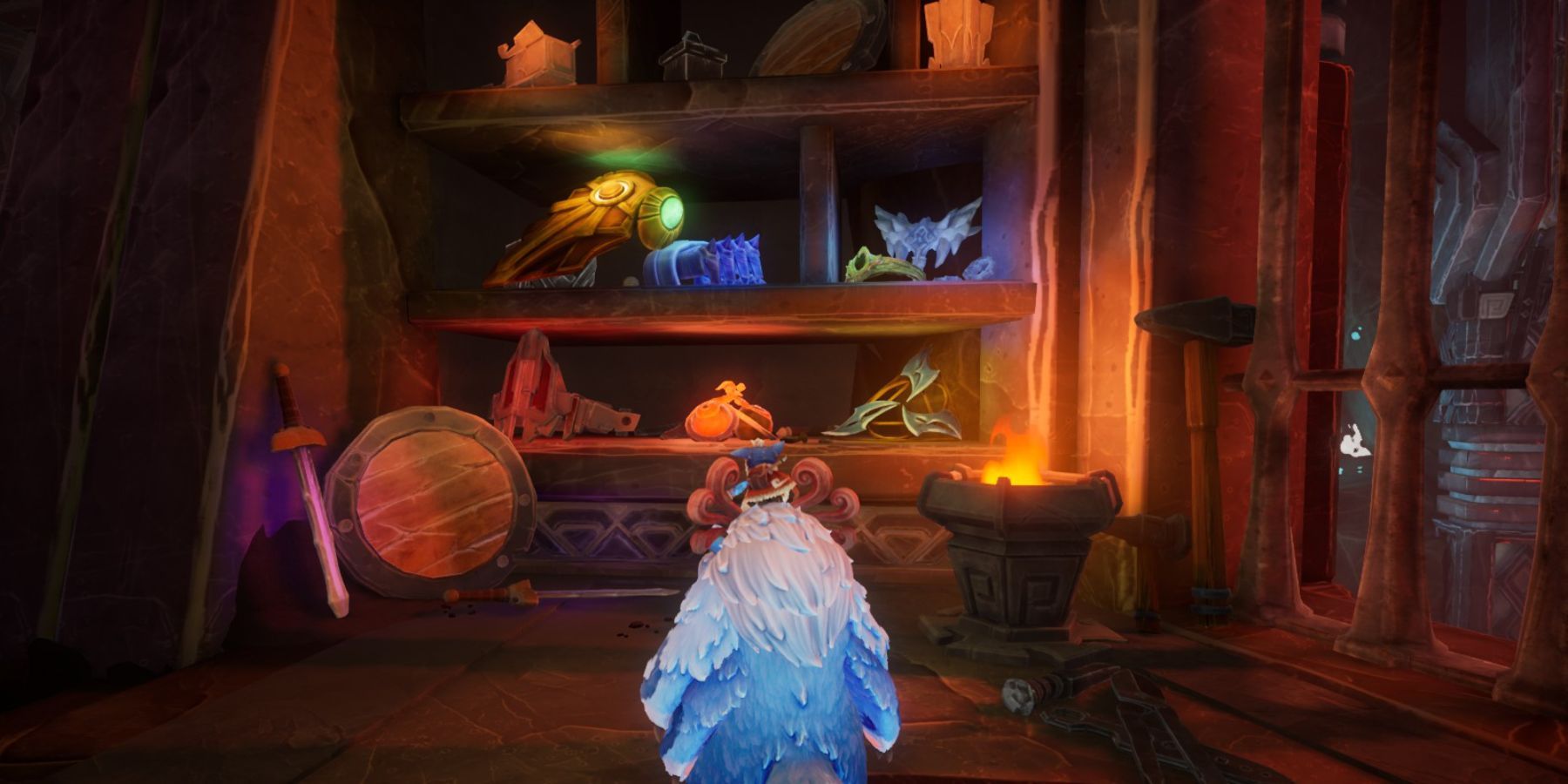 Nunu and Willump staring at Ornn's shelf of armaments